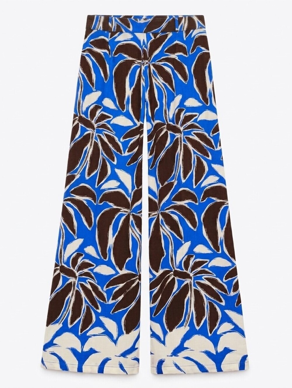 Zara Tropical Palm Print Wide Leg Pants Blue Brown Cream - Size XS - NWOT! - Picture 4 of 15